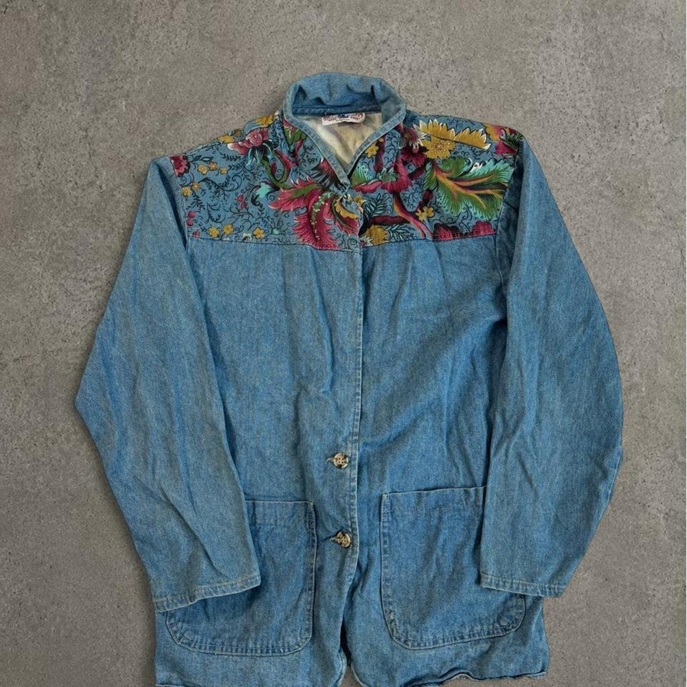 Vintage American Profile Dungarees Blue Denim Floral Print Jacket Women